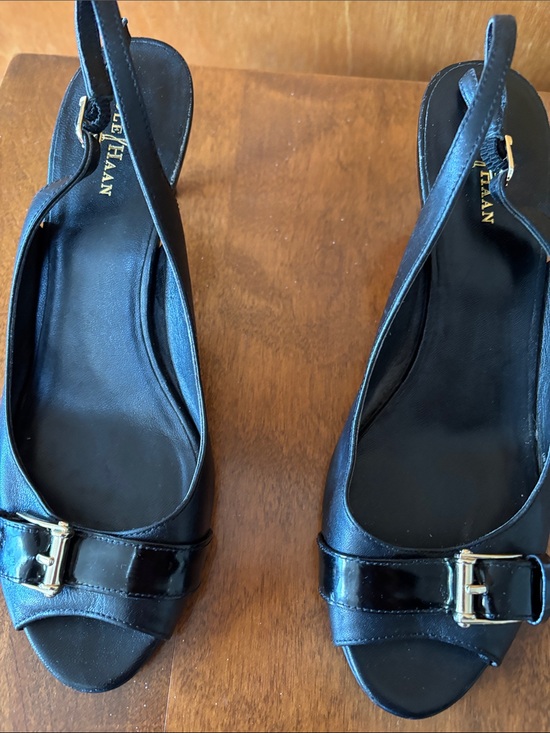 Cole Haan Shoes - Cole Haan Black Patent Leather Slingback Mules with Gold Buckle Accent NIKEAIR